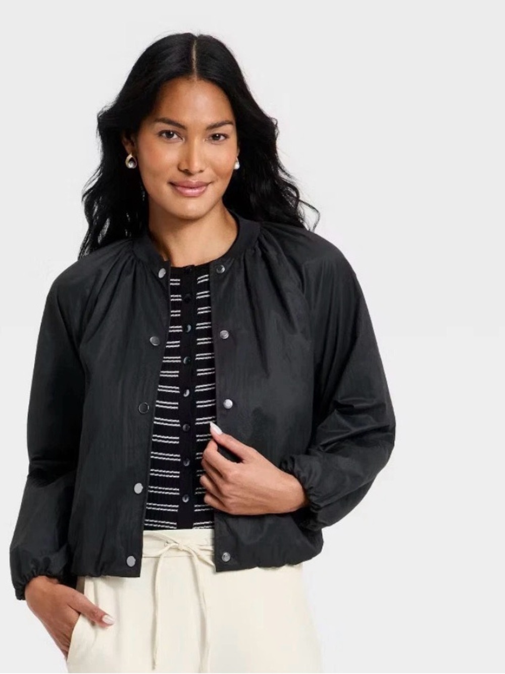 Lightweight Black Bomber Snap-Front Women's Jacket